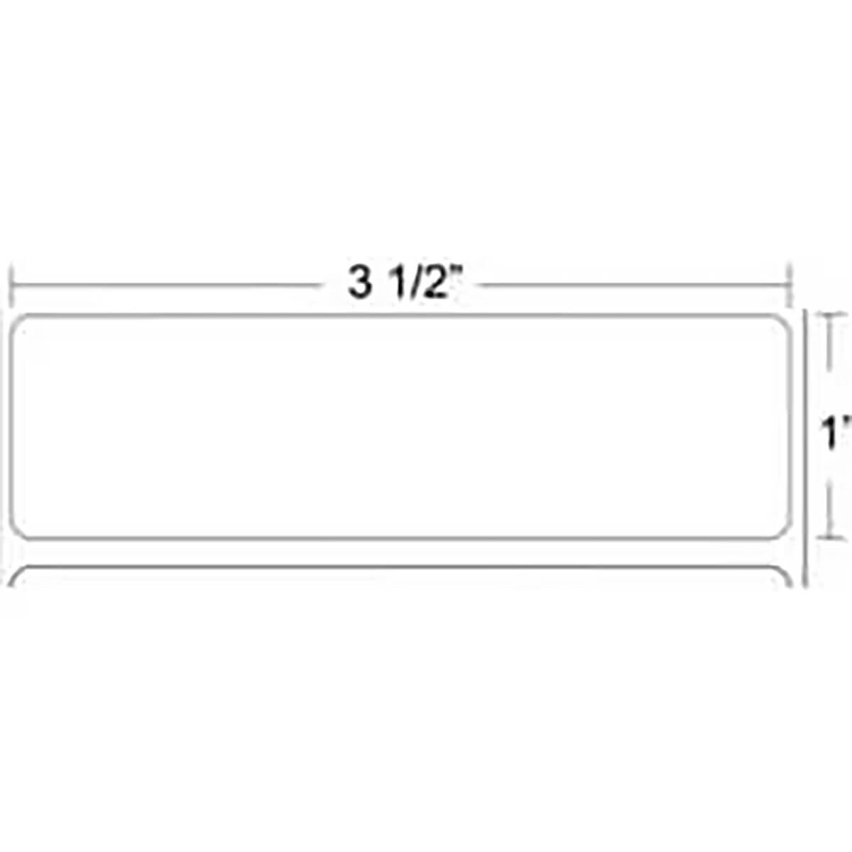 Advertape direct thermal label dimensions showing a 3.5" × 1" white label with rounded corners