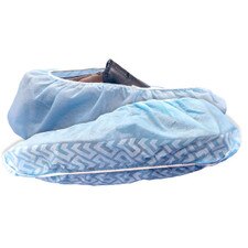 Blue High-Tech Conversions BEE-SAFE XL spunbond polypropylene shoe covers showing elastic openings and non-skid tread