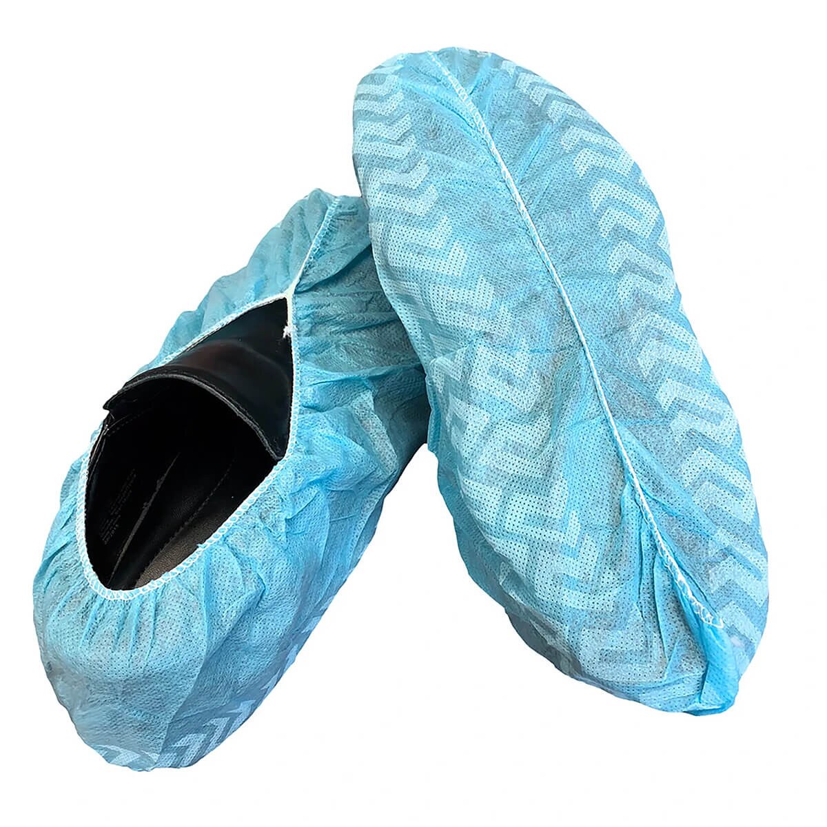 Pair of blue BEE-SAFE XL disposable shoe covers displaying the chevron-pattern non-skid soles