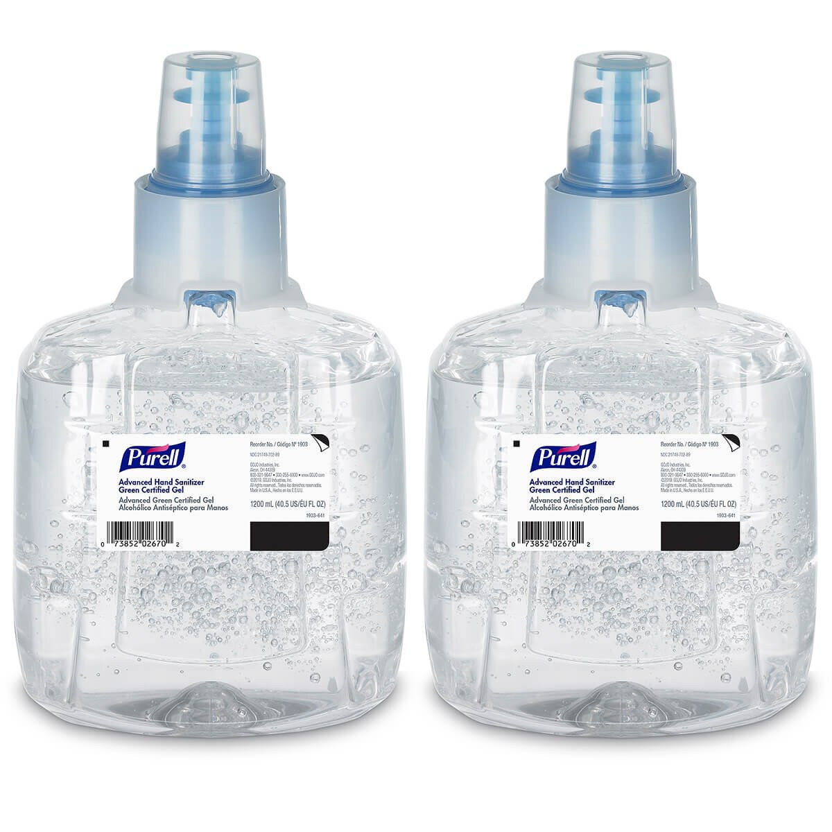 Two Purell Advanced Green Certified Sanitizer Gel 1,200 mL refill cartridges shown side by side, highlighting the clear gel formula inside the transparent containers.