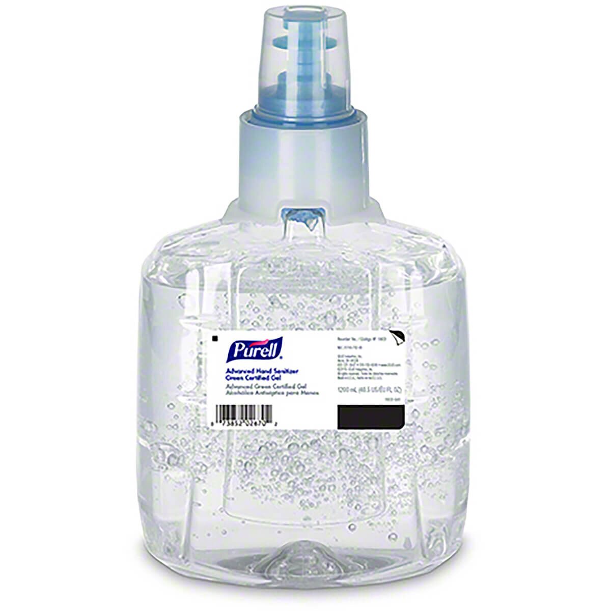 Front view of a single Purell Advanced Green Certified Sanitizer Gel 1,200 mL refill cartridge with Purell branding and product label visible.