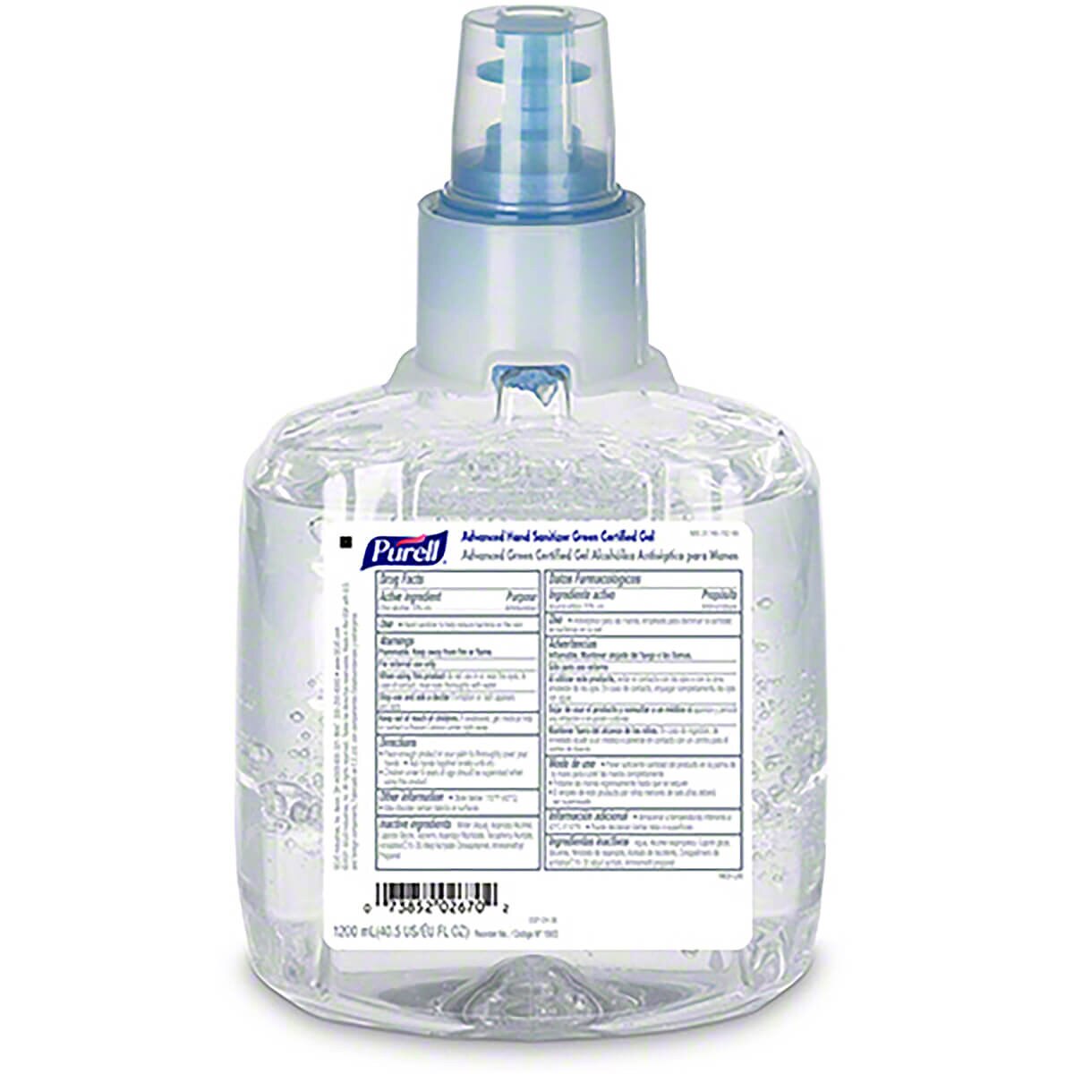 Rear view of the Purell Advanced Green Certified Sanitizer Gel refill cartridge displaying the full back label with usage directions and regulatory information.