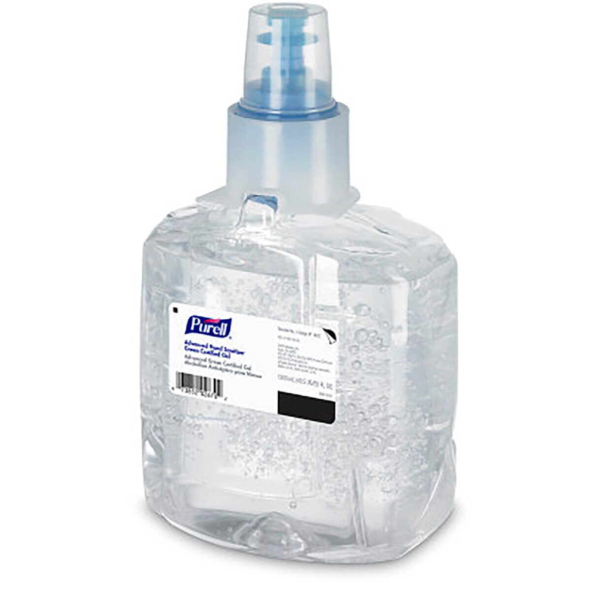 Angled view Purell Advanced Green Certified Sanitizer Gel 1,200 mL refill cartridges shown side by side, highlighting the clear gel formula inside the transparent containers.