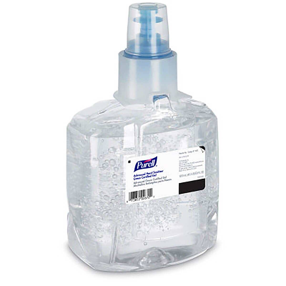 Angled view Purell Advanced Green Certified Sanitizer Gel 1,200 mL refill cartridges shown side by side, highlighting the clear gel formula inside the transparent containers.