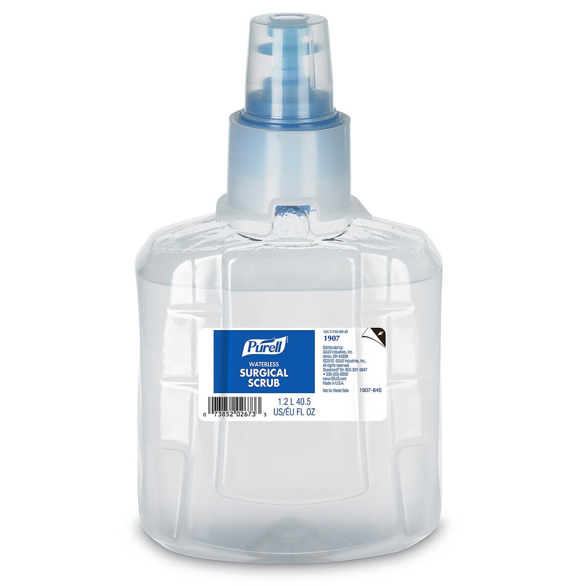 Front view of a Purell Waterless Surgical Scrub Gel LTX-12 refill cartridge showing the integrated pump and product label.