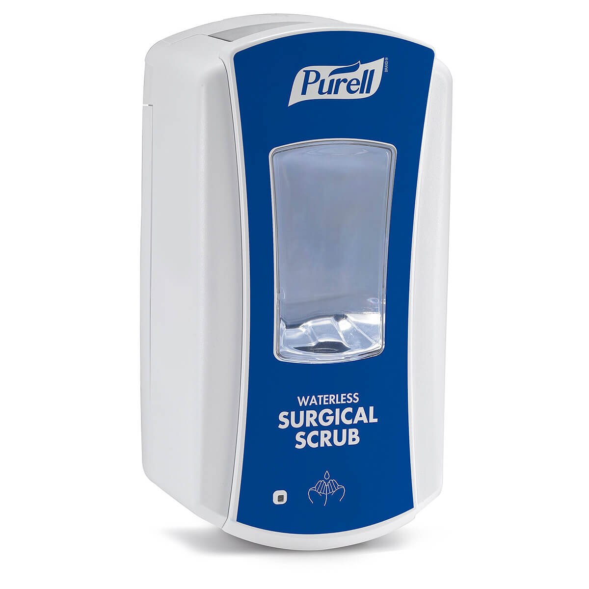 Front view of the PURELL LTX-12 touch-free waterless surgical scrub dispenser with blue front panel and clear sight window.