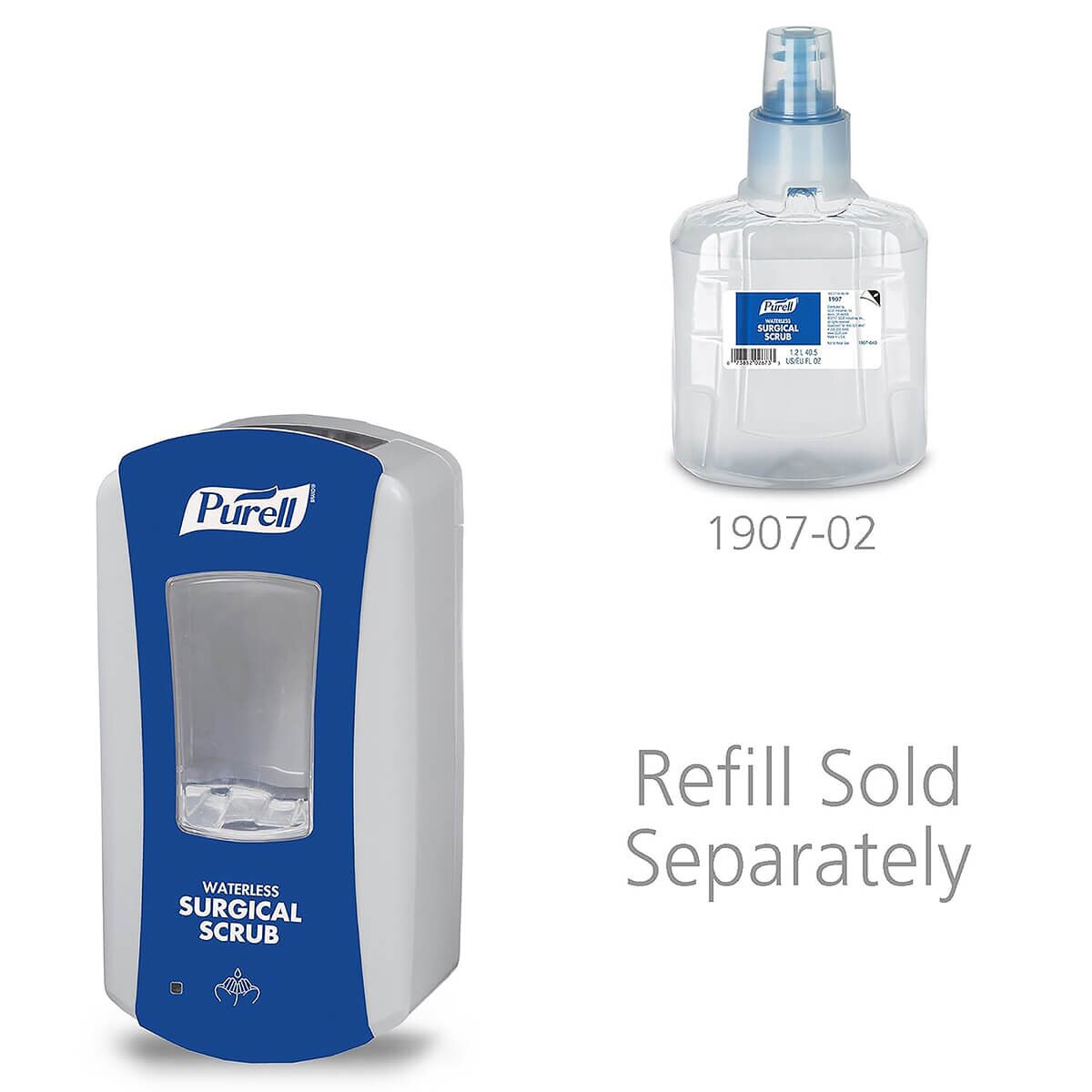 Product overview image showing the PURELL LTX-12 dispenser with compatible waterless surgical scrub refill cartridge labeled “refill sold separately.”