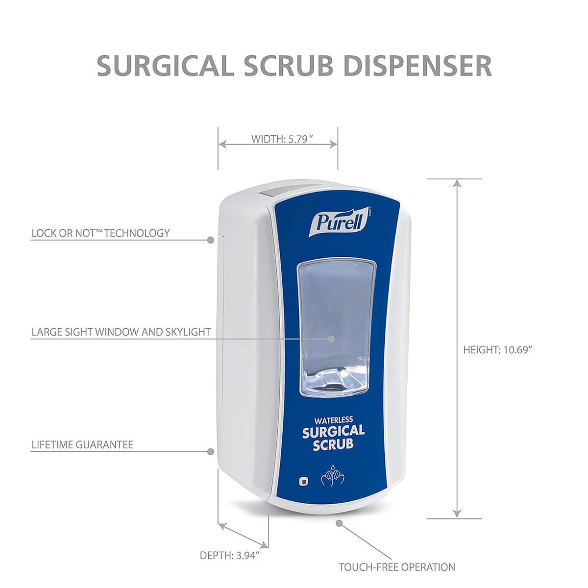 Technical diagram of the PURELL LTX-12 surgical scrub dispenser displaying dimensions, touch-free operation, sight window, and lock-or-not technology.