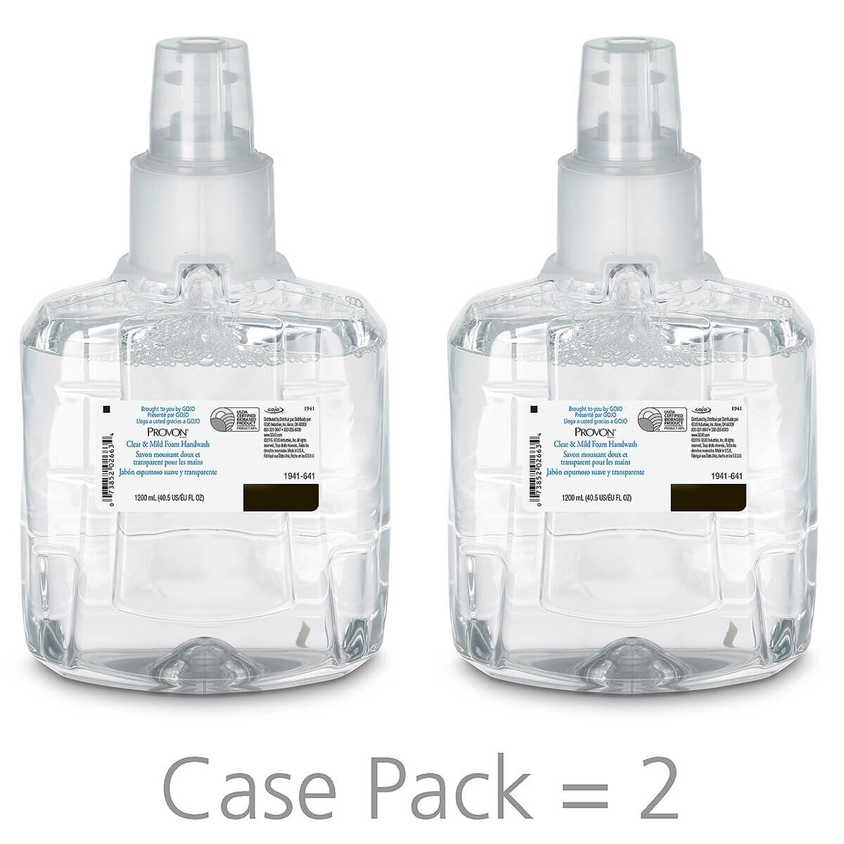 Two PROVON Clear & Mild Foam Soap 1,200 mL refill cartridges shown side by side, labeled as a case pack of two.