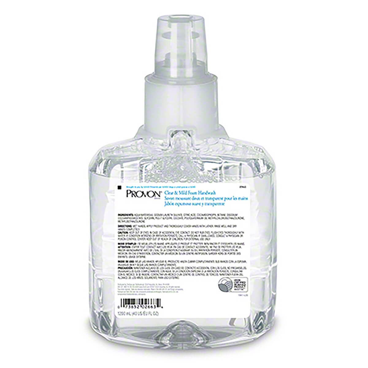 Rear view of the PROVON Clear & Mild Foam Soap refill cartridge showing full back label and product information.