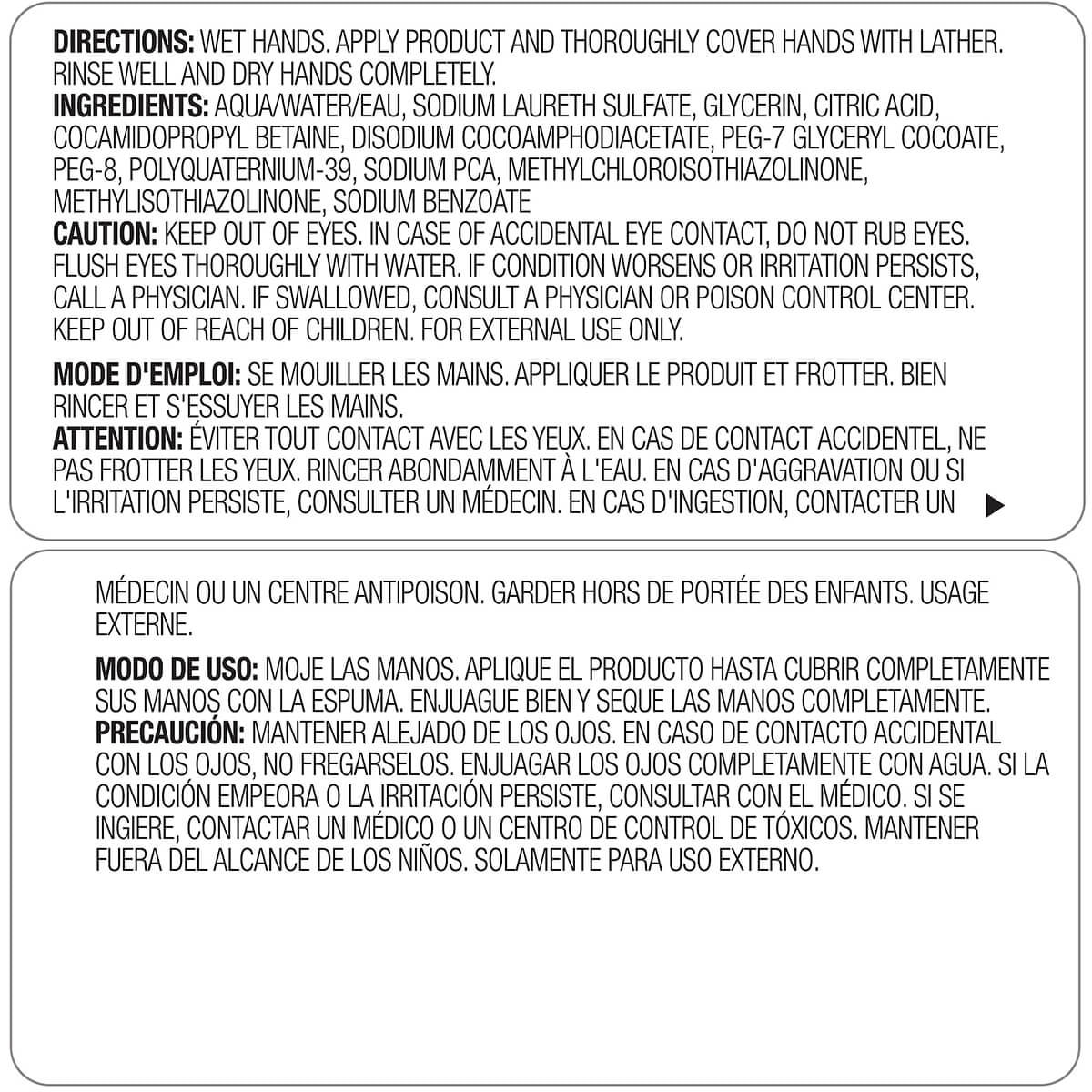 Close-up of the PROVON Clear & Mild Foam Soap label displaying directions, ingredients, and caution information.