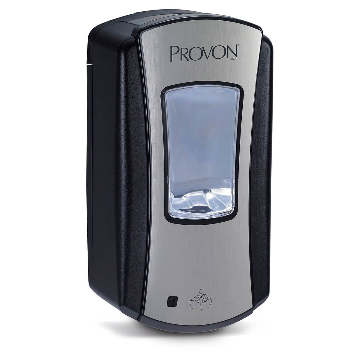 PROVON LTX-12 touch-free wall-mounted foam soap dispenser with black housing, brushed stainless front panel, clear refill window, and automatic sensor dispensing area.