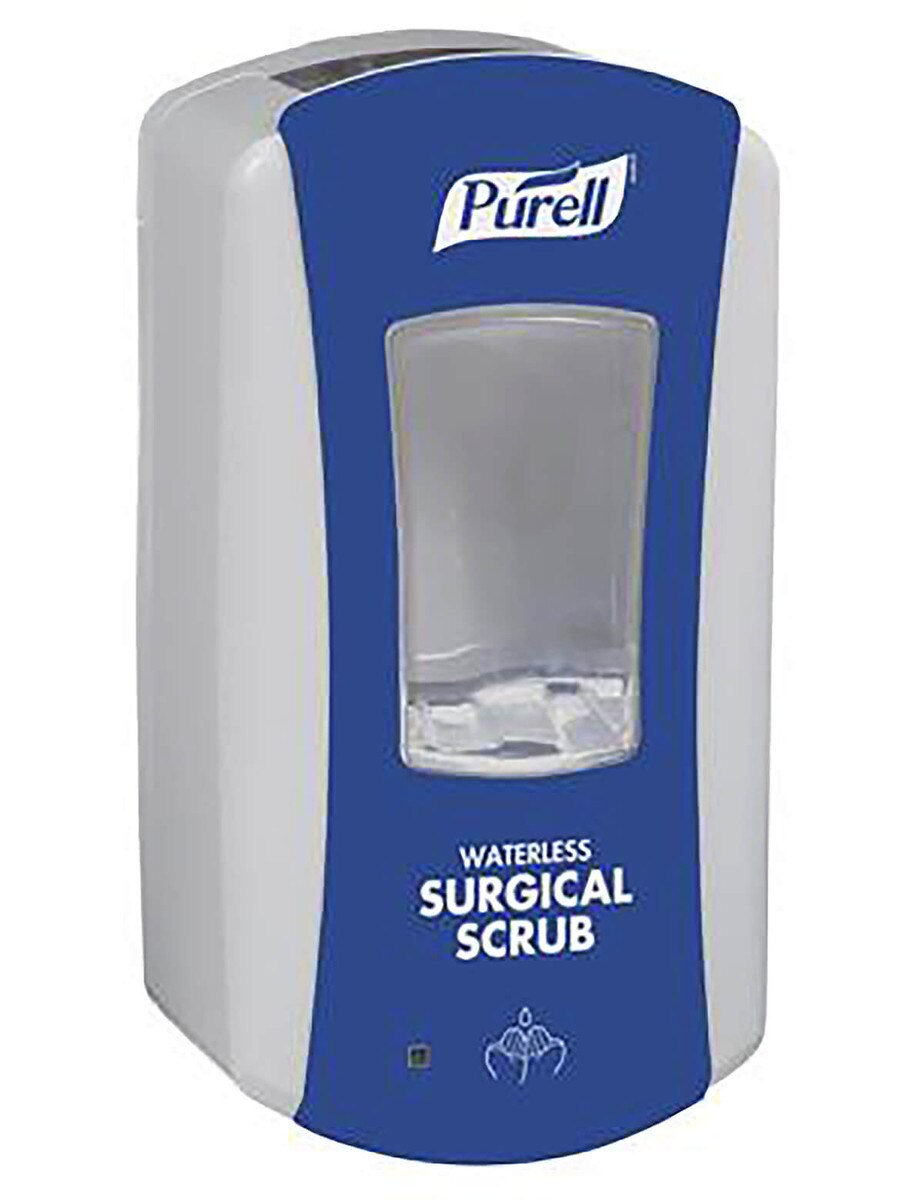 Purell LTX-12 touch-free wall-mounted dispenser for waterless surgical scrub, featuring a white housing with blue front panel, clear refill window, and automatic sensor dispensing area.