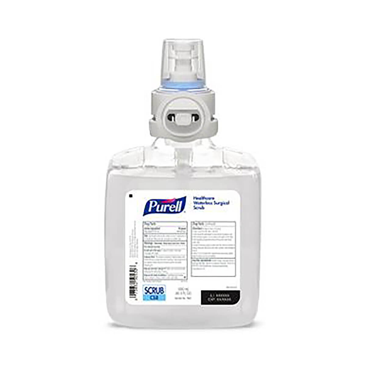 Purell Waterless Surgical Scrub Gel 1,200 ml CS8 refill bottle with clear container, integrated dispensing valve, and front-facing product label showing usage and scrub gel identification.