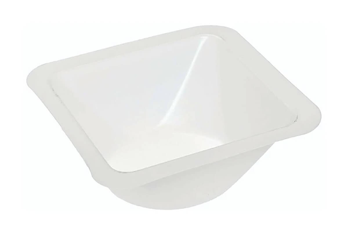 Heathrow Scientific 10 mL white anti-static polystyrene weigh boat with flexible sides, angled view