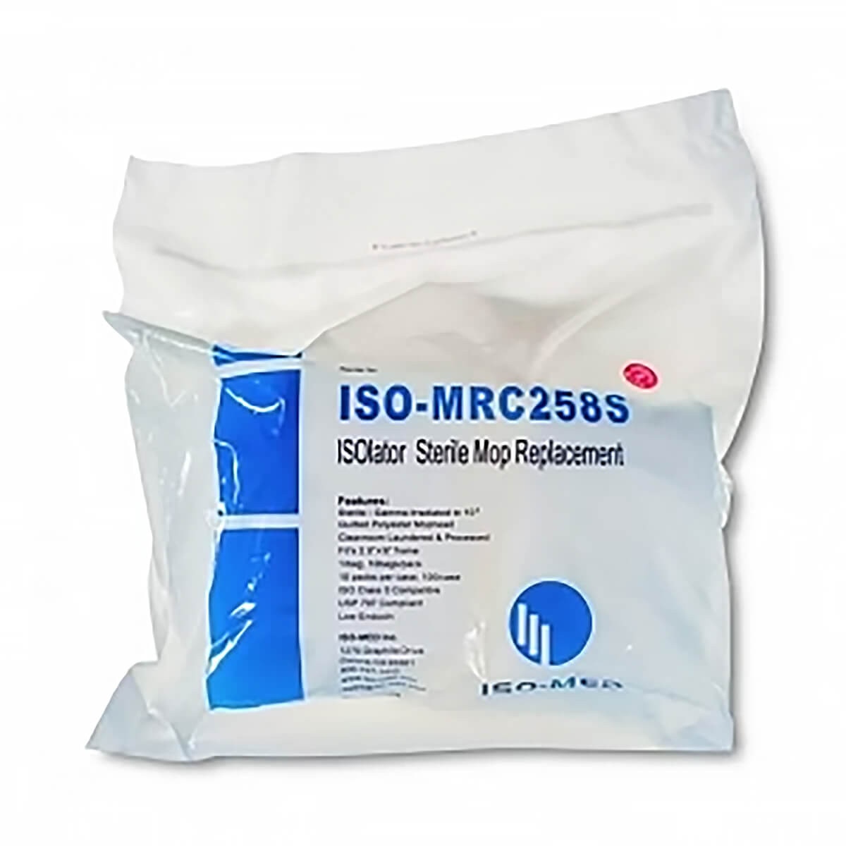 Front view of EZ-Reach ISOlator sterile mop replacement bag showing white pouch with blue printed label detailing product features, sterile status, and mop style