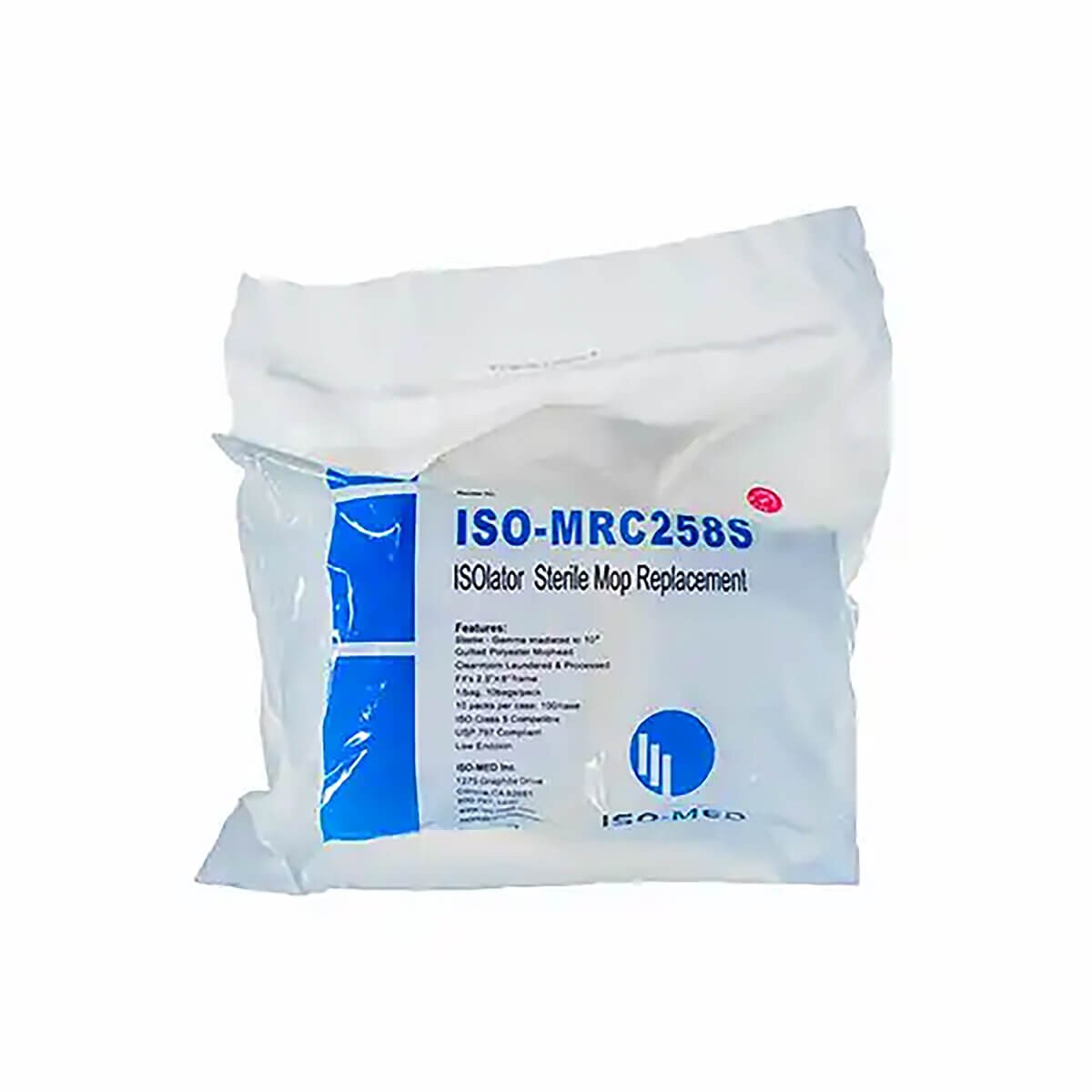 Angled view of EZ-Reach ISOlator sterile mop replacement bag highlighting product branding, lot sticker, and sealed packaging for contamination-controlled environments