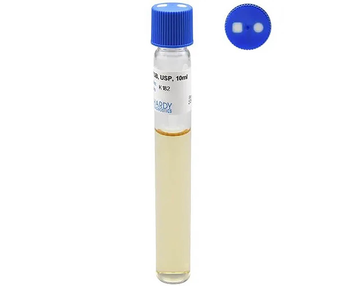 Hardy Diagnostics K182 Tryptic Soy Broth USP in a 10 mL glass tube with blue dual-port flush septa cap