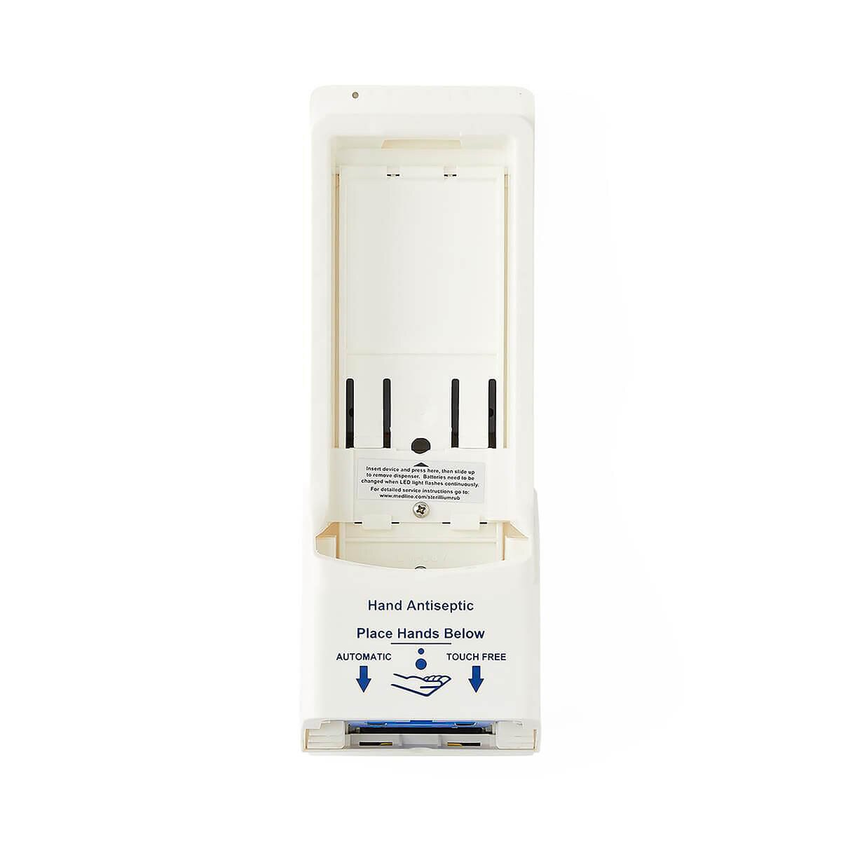 Automatic dispenser for Sterillium microbial liquid sanitizer shown from the front with the cover open, displaying internal mounting slots and touch-free hand placement instructions.