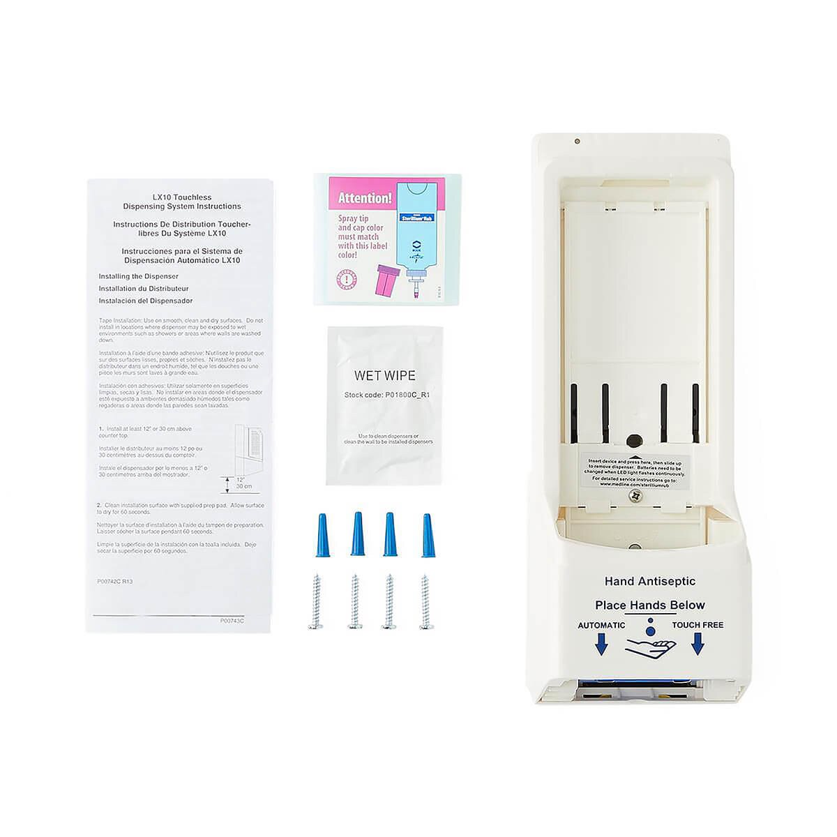Automatic Sterillium microbial liquid sanitizer dispenser kit including the dispenser unit, mounting hardware, wall anchors, screws, instruction sheet, and cleaning wipe.