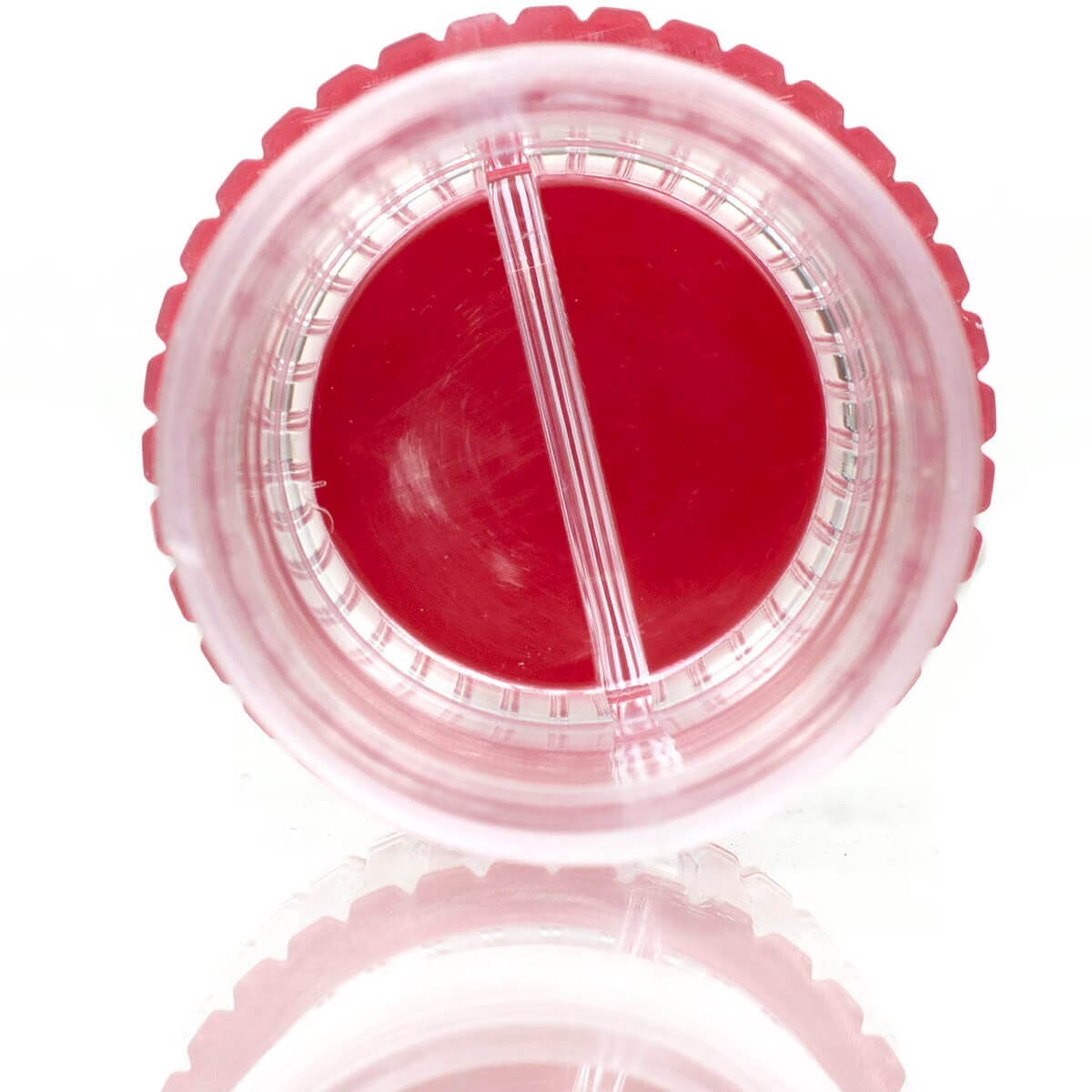 Top view of the HealthSmart pill crusher’s empty divided tablet storage compartment