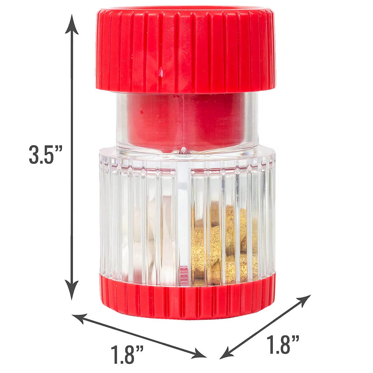 HealthSmart red and clear pill crusher dimensions, 3.5 inches high by 1.8 inches wide and deep