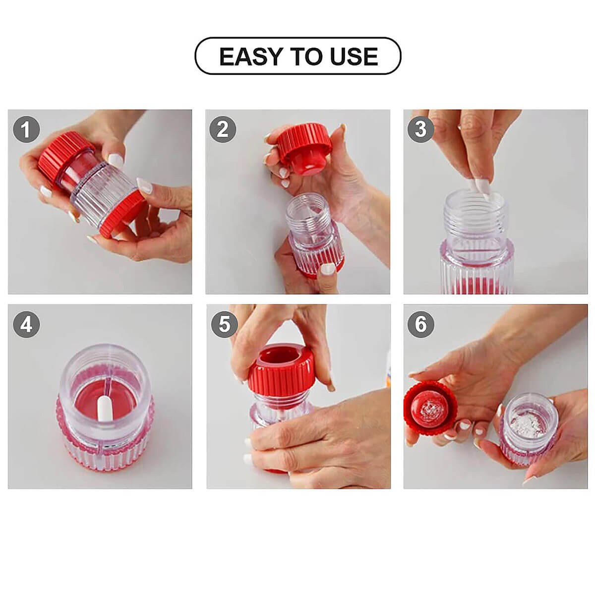 Six-step instructions for using the HealthSmart pill crusher to crush a tablet into fine powder
