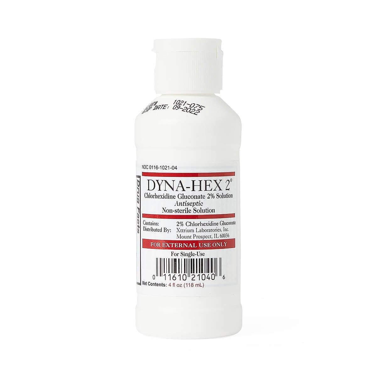 White 4 oz bottle of Dyna-Hex 2% chlorhexidine gluconate scrub with printed product label.