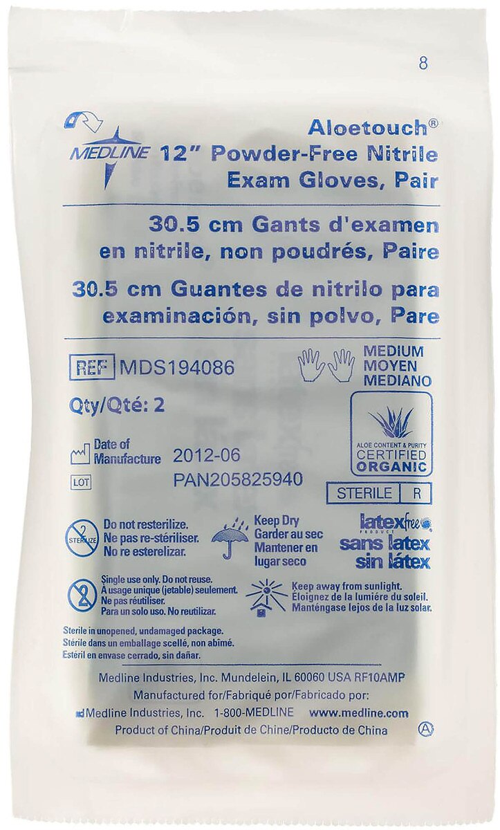 AloeTouch chemo-rated nitrile exam gloves pair in sterile pouch, powder-free