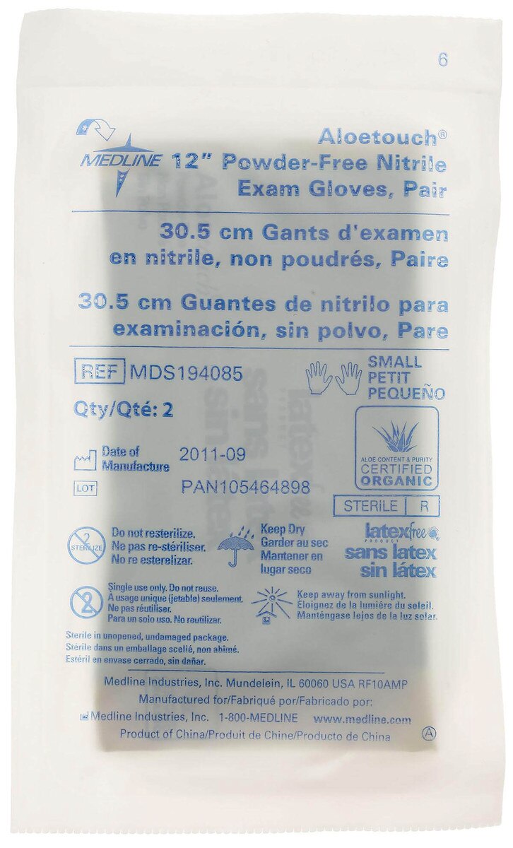 AloeTouch chemo-rated nitrile exam gloves pair in sterile pouch, powder-free