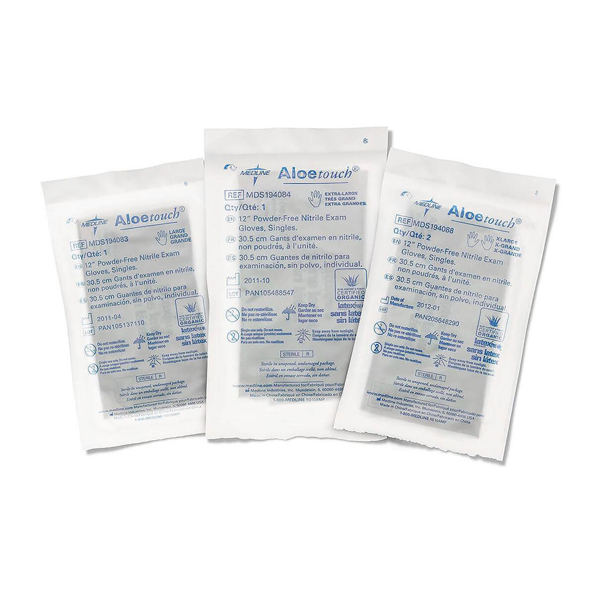 AloeTouch chemo-rated nitrile exam gloves singles in multiple sizes, sterile pouches