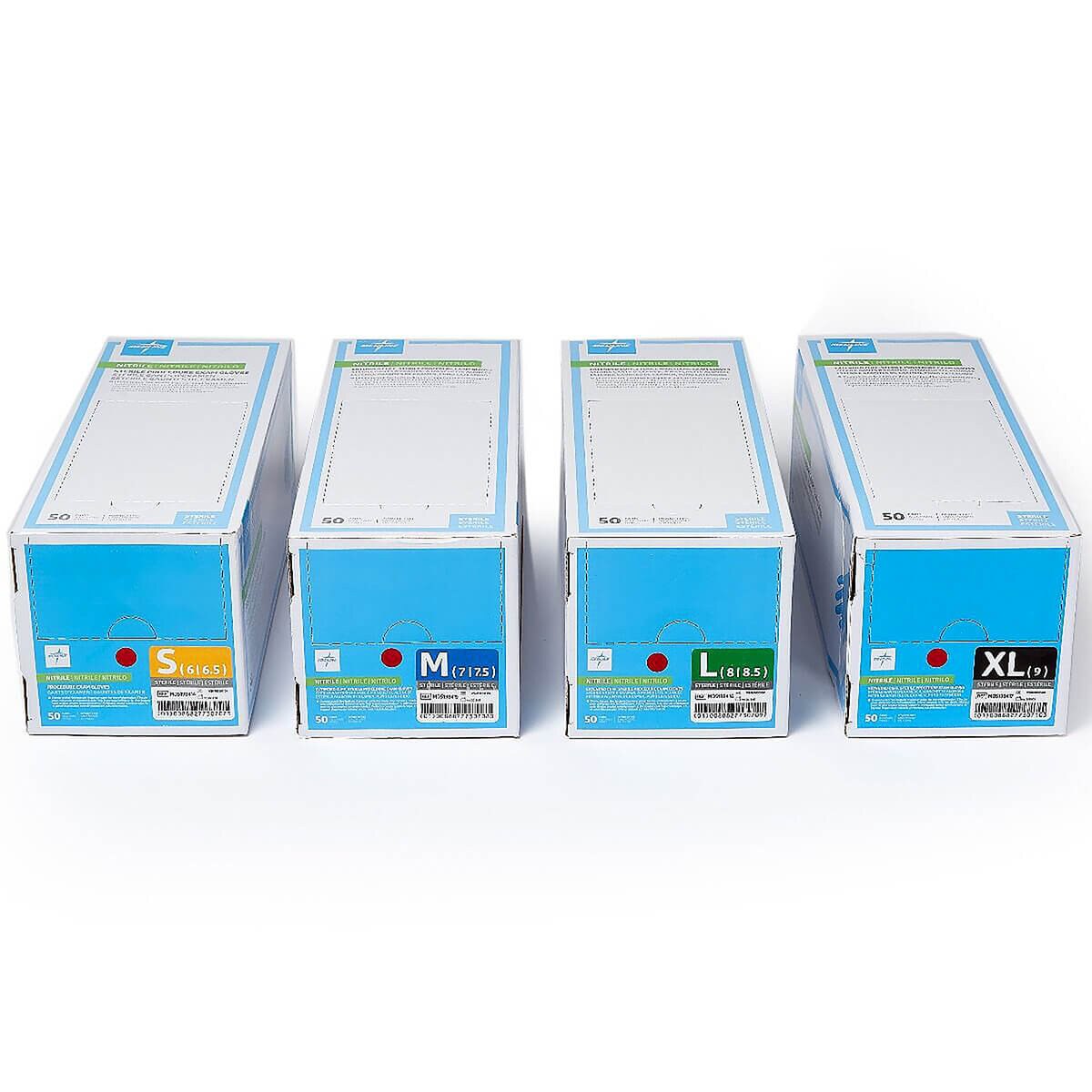 Chemo-rated nitrile procedure exam gloves boxes showing size range S to XL