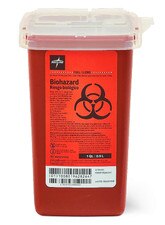 Front view of the Medline MDS705110 red 1-quart portable phlebotomy sharps container with translucent dual-opening lid