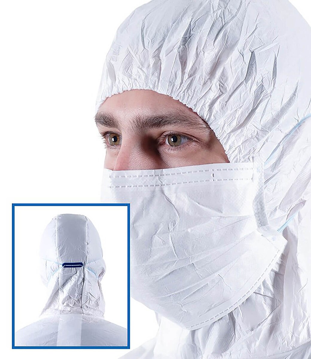 White pleated face mask worn with a white hood, with an inset showing the blue rear clip