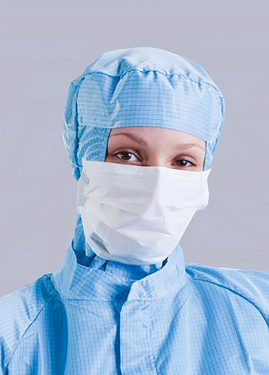 Front view of a person in a blue cleanroom hood wearing a white pleated face mask