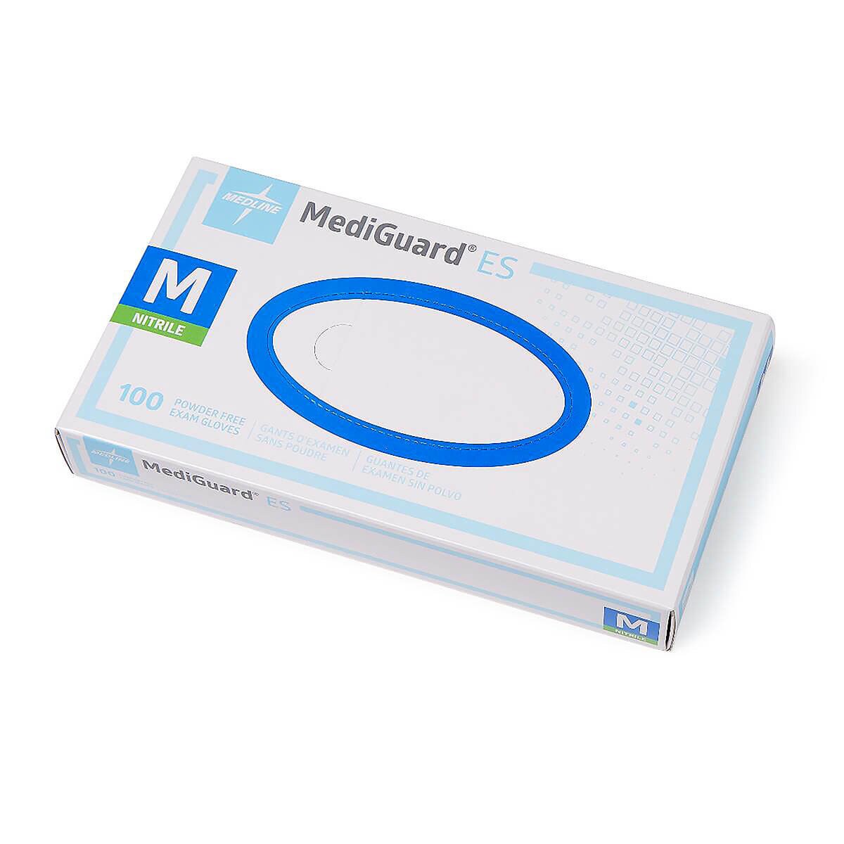 Angled top view of Medline MediGuard ES nitrile exam gloves, medium 100-count box