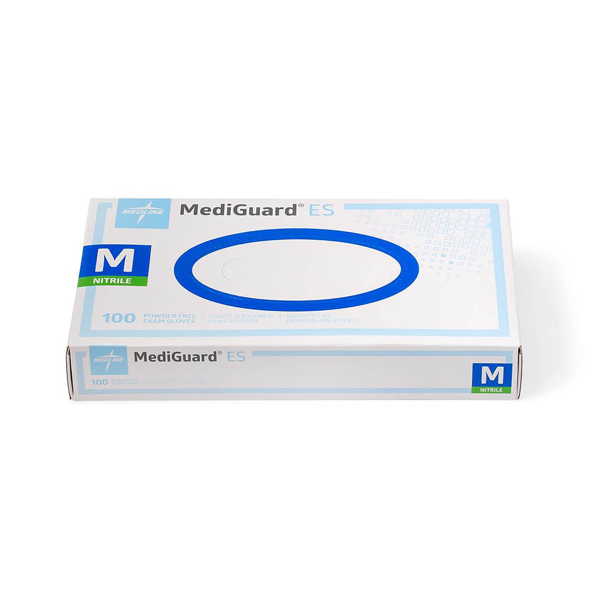 Front and top view of Medline MediGuard ES nitrile exam gloves, medium box