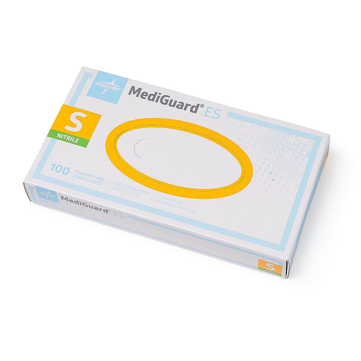 Angled top view of Medline MediGuard ES nitrile exam gloves, size small, 100-count box