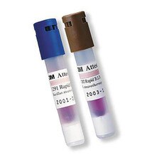3M Attest rapid steam biological indicators with blue and brown caps, highlighting the 1291 blue-cap 1-hour readout indicator