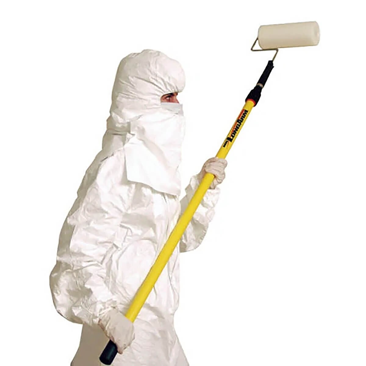 Worker in full cleanroom protective suit using a yellow extension pole with the 4-8-inch tacky roller to clean overhead surfaces.