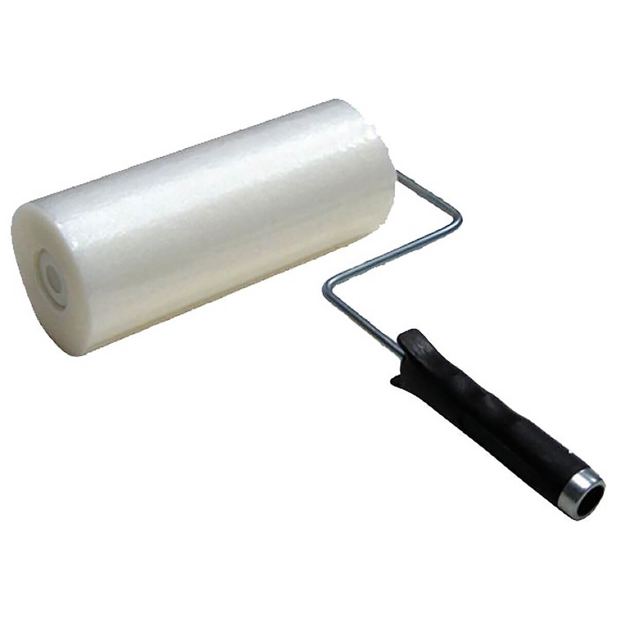 Close-up of a 9-inch tacky film roller with a black ergonomic handle attached to a metal roller frame.