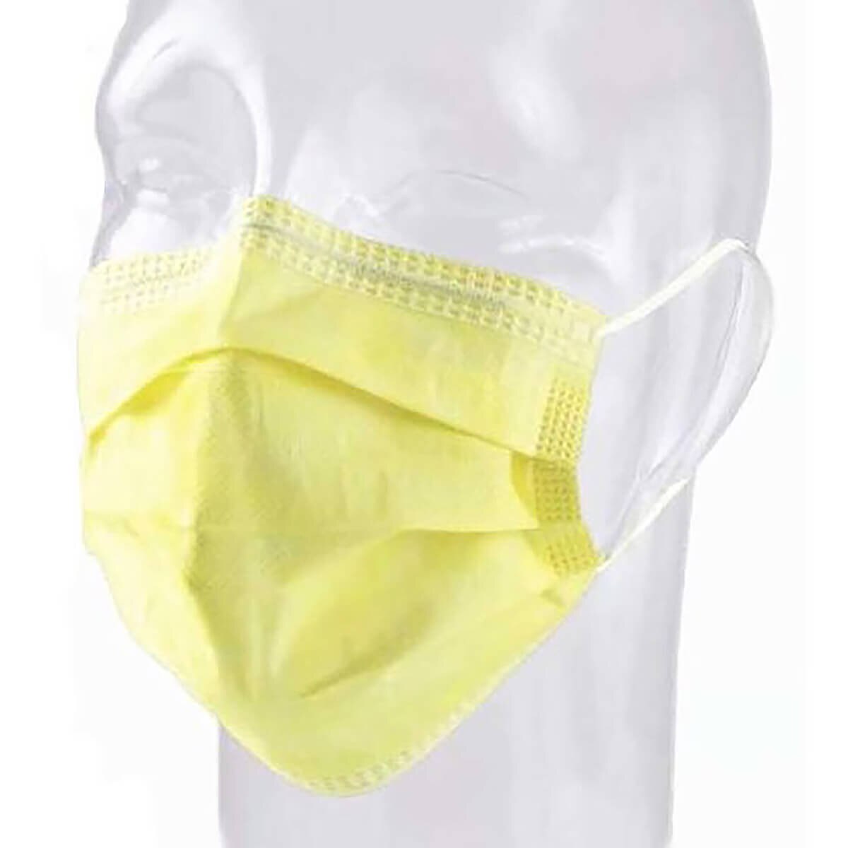 Precept yellow isolation mask with ear loops shown on a mannequin