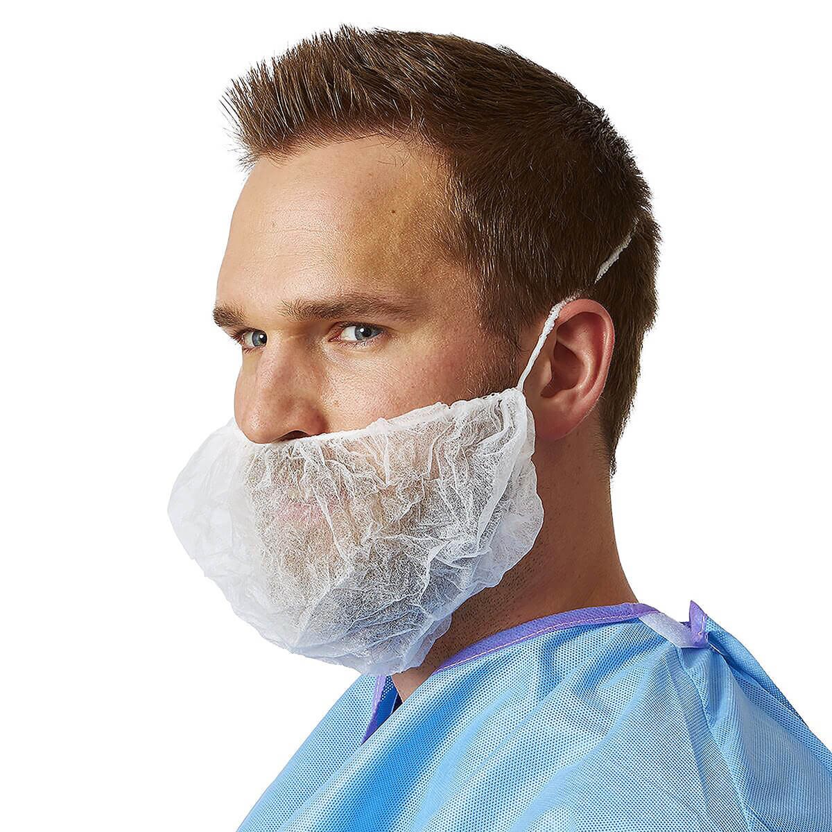 Healthcare professional wearing a Medline white polypropylene beard cover with a single elastic strap