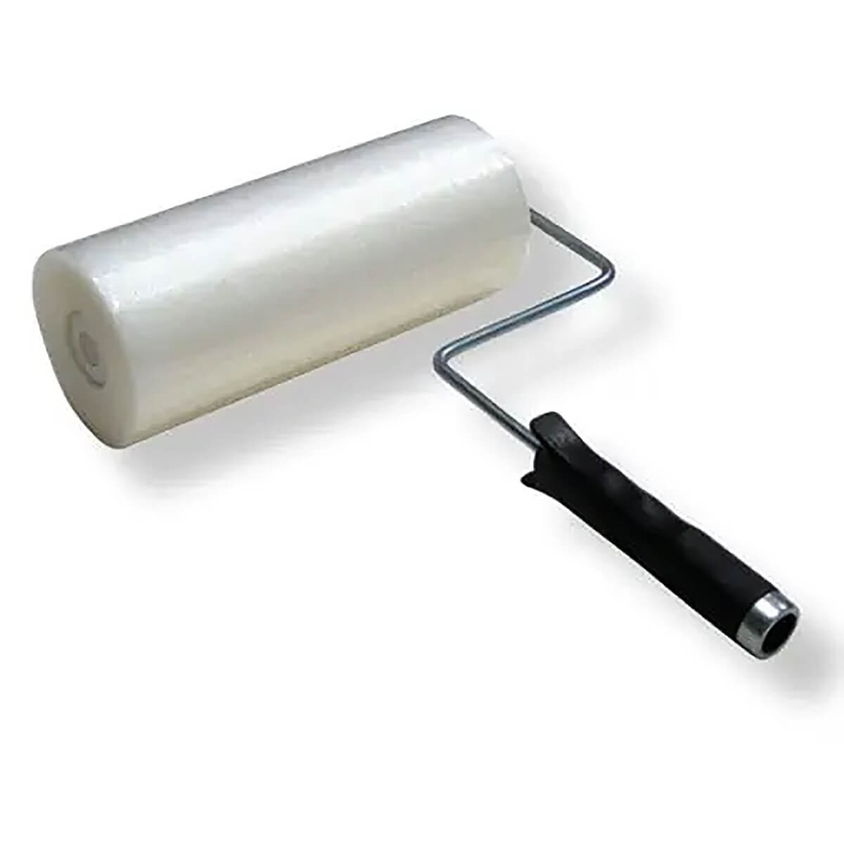 Close-up of an 18-inch tacky roller with a clear adhesive film and a black ergonomic handle.