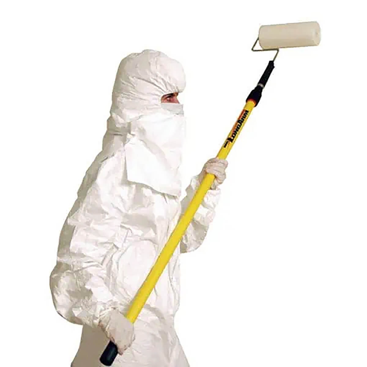 Worker in full cleanroom protective suit using a yellow extension pole with the 4-8-inch tacky roller to clean overhead surfaces.