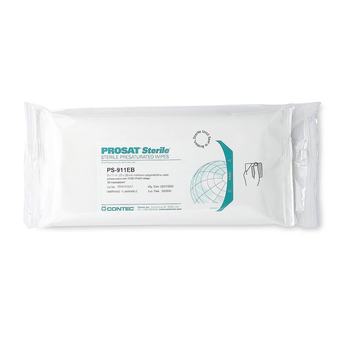 Single PROSAT Sterile presaturated 9x11 wipe pack, labeled PS-911EB with 70% IPA solution.