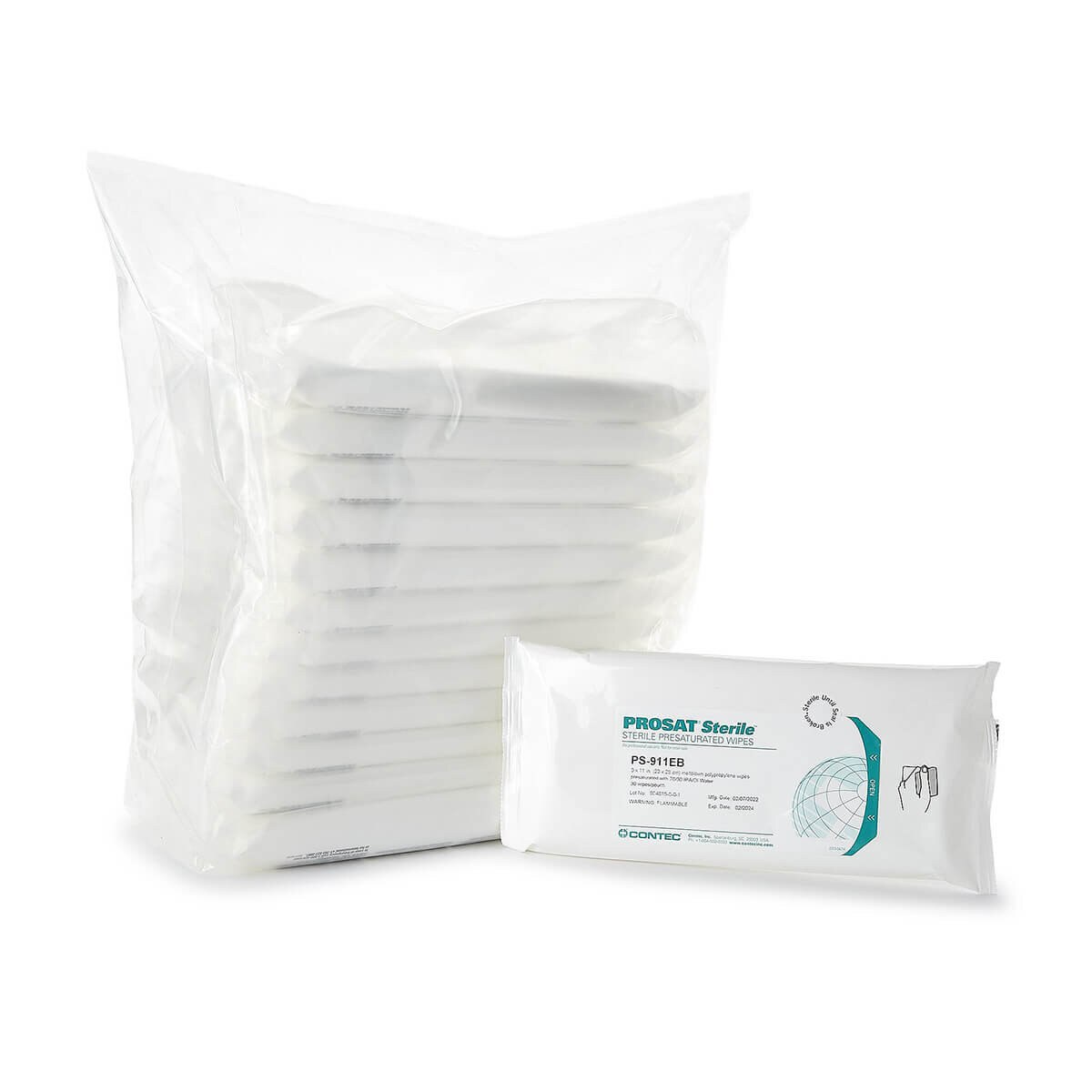 Single PROSAT Sterile wipe pouch positioned in front of a bulk sterile multipack case.