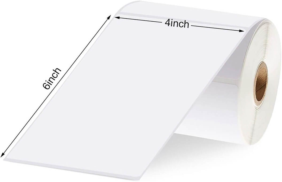 RepaCorp premium direct thermal label roll with a white 4" × 6" permanent adhesive label extended
