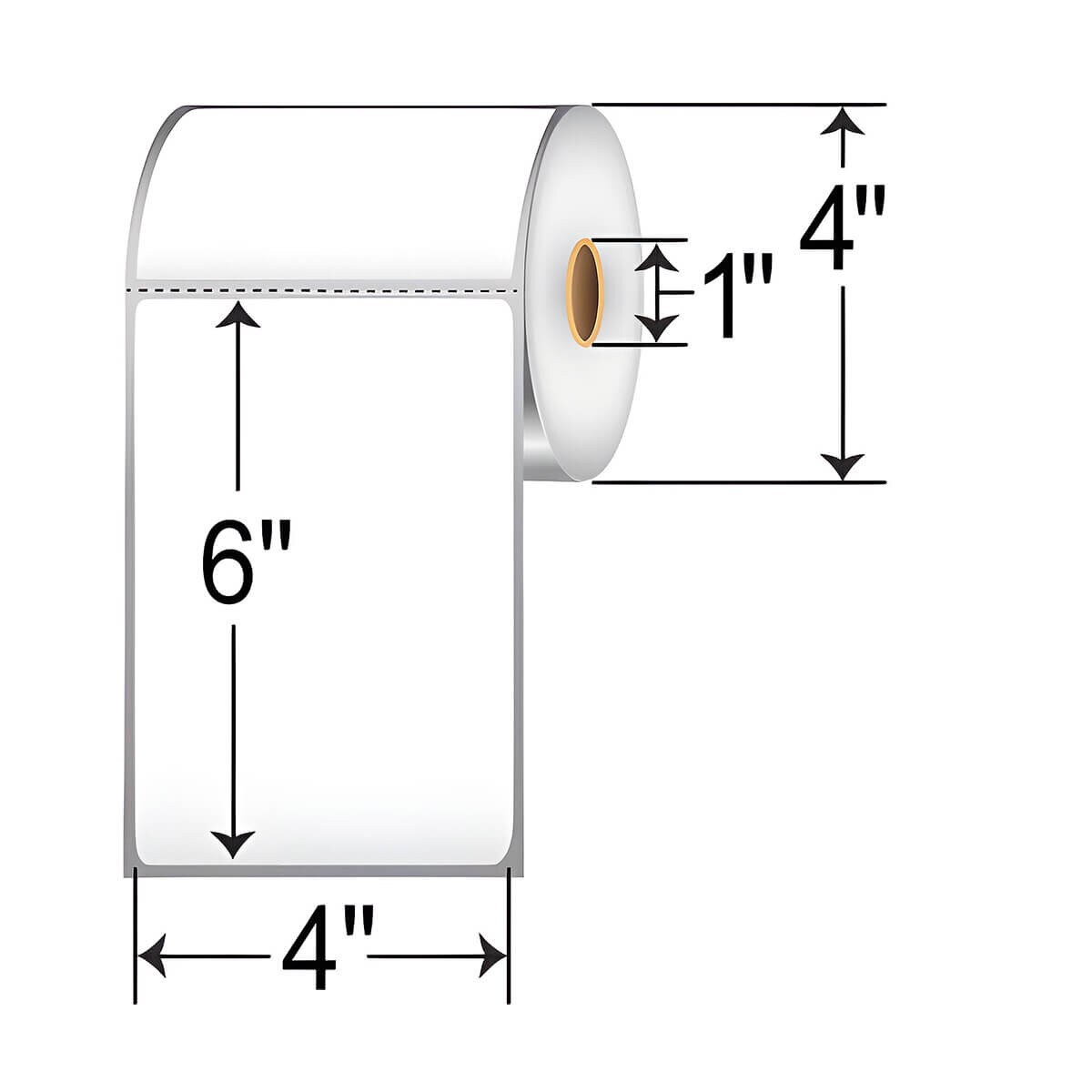 RepaCorp direct thermal label dimensions showing 4" × 6" labels, 1" core and 4" roll diameter