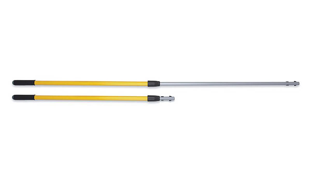 Two-piece view of yellow telescoping mop handle showing collapsed and fully extended lengths, with black grips and silver quick-connect tip.